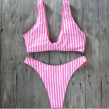 Striped Pushed Up Paded Underwire Swimsuits Pink